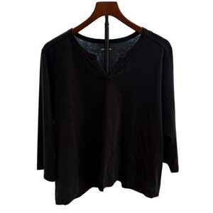 Lands End Black V Neck 3/4 Sleeve Casual Tunic Top Women's Size L 14-16 Cotton